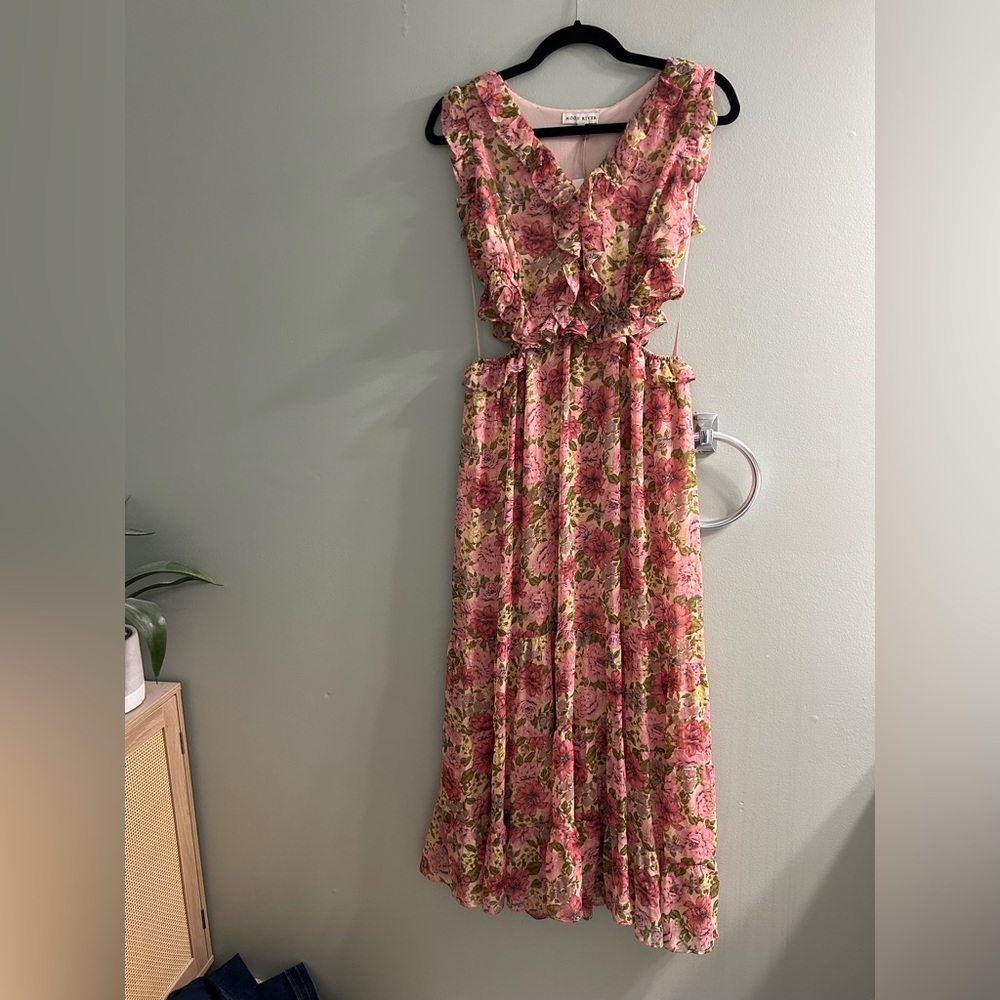Anthropologie Pink Floral Maxi Dress with Green Accents